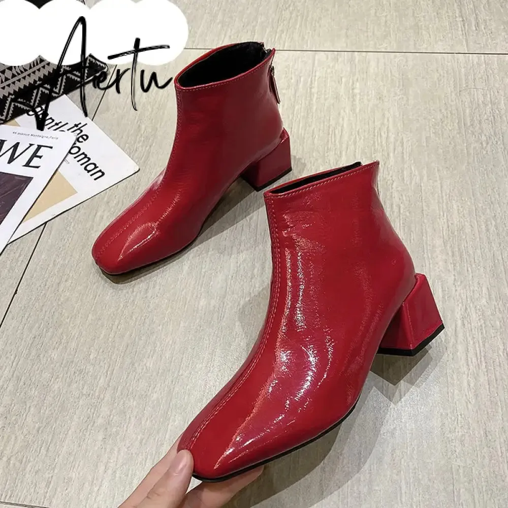 Aiertu Ankle Boots For Women Square Toe Fashion Shoes Warm Winter Short Boots Zipper Square Heels Comfortable Lady Shoes