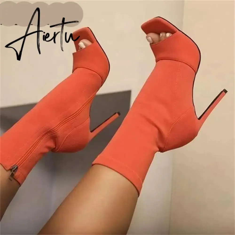 Aiertu Ankle Boots For Women Square Toe Fashion Shoes Warm Winter Short Boots Zipper Square Heels Comfortable Lady Shoes