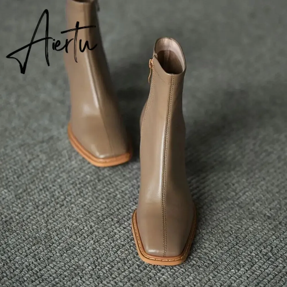 Aiertu Ankle Boots For Women Square Toe Fashion Shoes Warm Winter Short Boots Zipper Square Heels Comfortable Lady Shoes