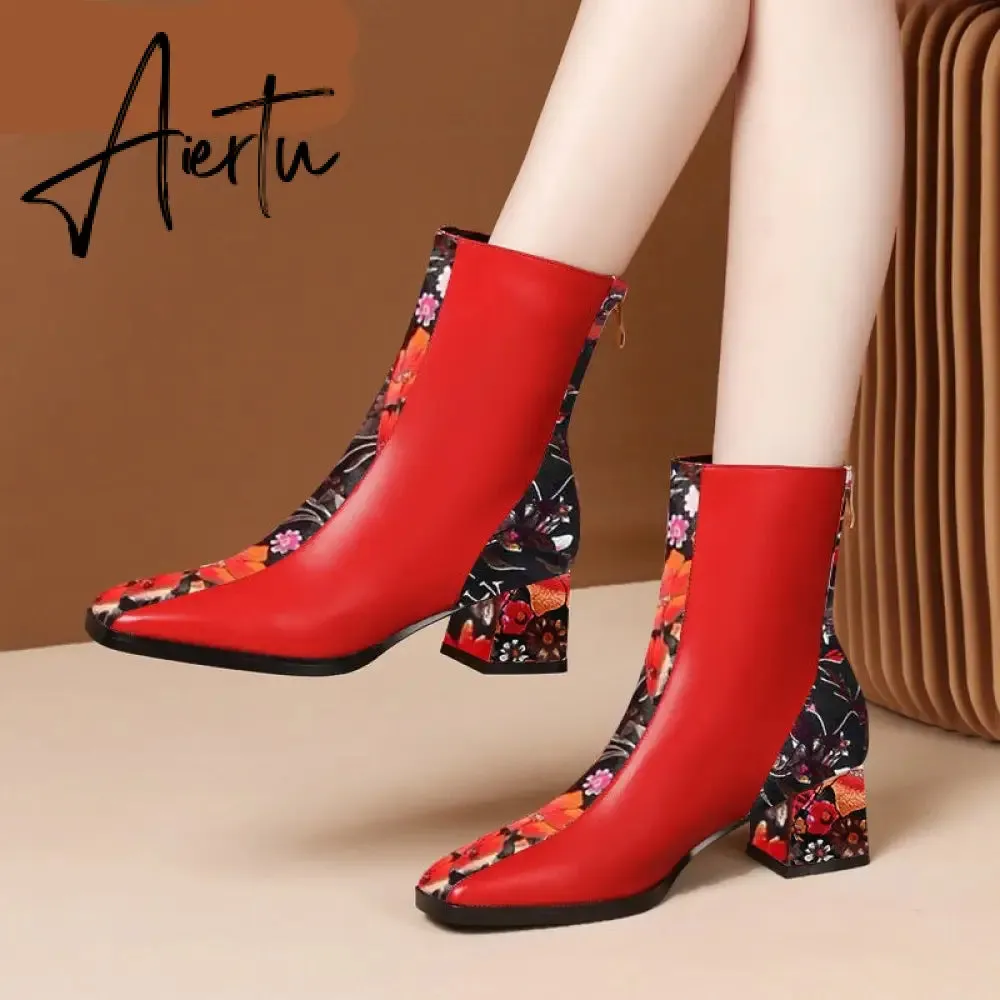 Aiertu Ankle Boots For Women Square Toe Fashion Shoes Warm Winter Short Boots Zipper Square Heels Comfortable Lady Shoes