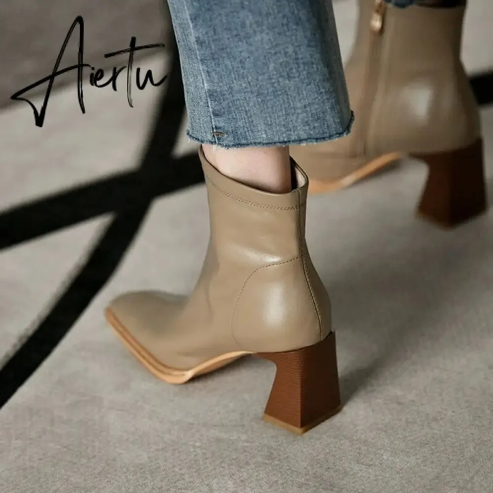 Aiertu Ankle Boots For Women Square Toe Fashion Shoes Warm Winter Short Boots Zipper Square Heels Comfortable Lady Shoes