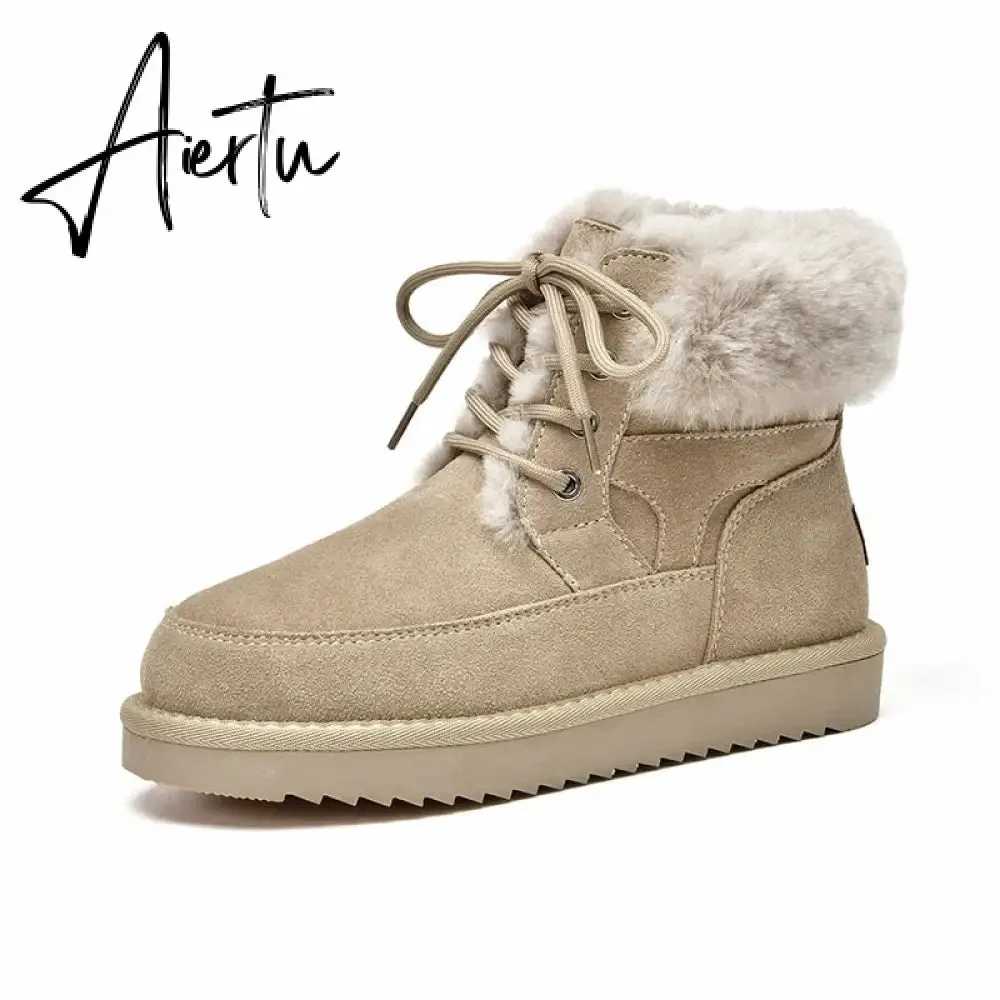 Aiertu Snow Boots Women Cow Suede Leather Lace Up Ankle Boots Warm Wool Ladies Winter Fur Shoes Handmade