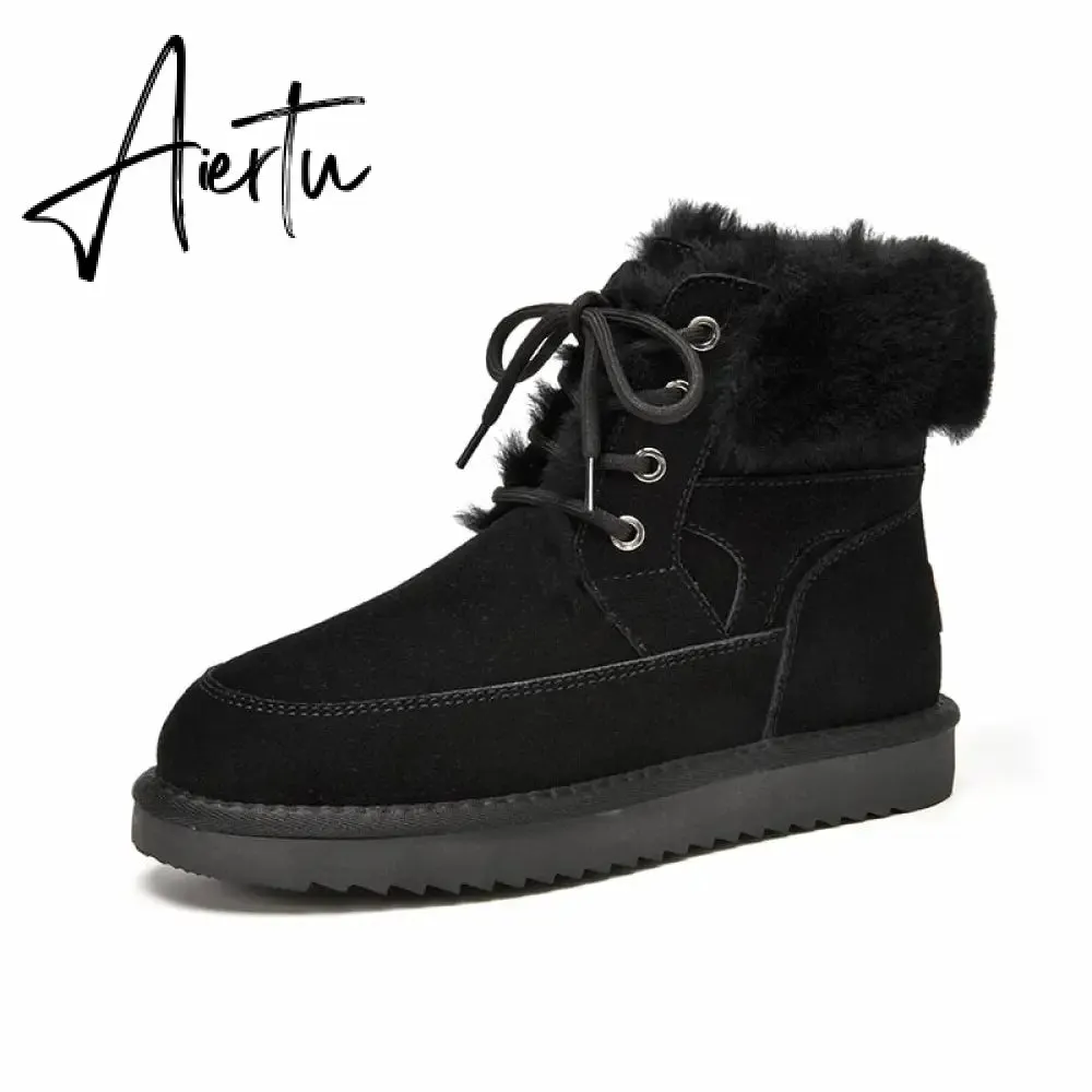 Aiertu Snow Boots Women Cow Suede Leather Lace Up Ankle Boots Warm Wool Ladies Winter Fur Shoes Handmade