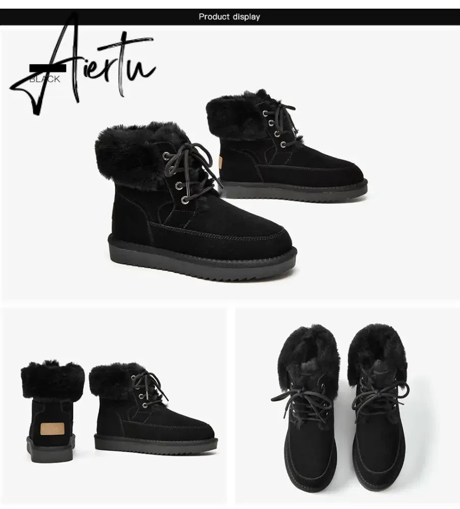 Aiertu Snow Boots Women Cow Suede Leather Lace Up Ankle Boots Warm Wool Ladies Winter Fur Shoes Handmade