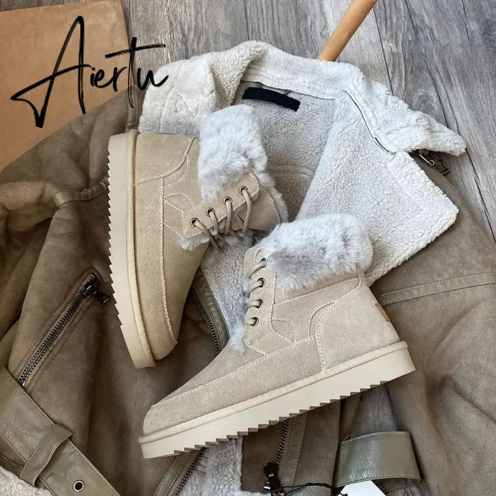 Aiertu Snow Boots Women Cow Suede Leather Lace Up Ankle Boots Warm Wool Ladies Winter Fur Shoes Handmade