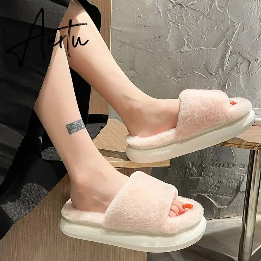 Aiertu Women Winter Home Faux Fur Slipper Warm Thick House Platform Shoes Men Ladies Indoor Bedroom Fluffy Footwear Chaussure Femme