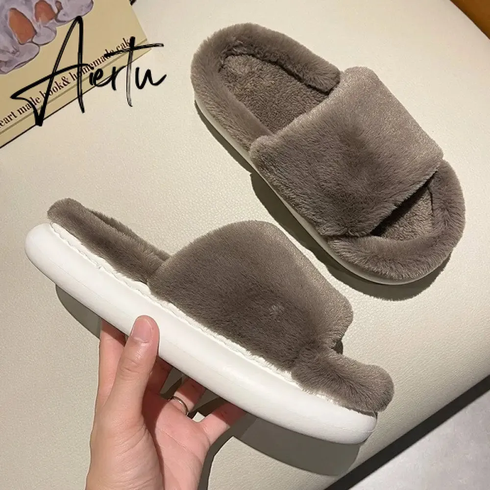 Aiertu Women Winter Home Faux Fur Slipper Warm Thick House Platform Shoes Men Ladies Indoor Bedroom Fluffy Footwear Chaussure Femme