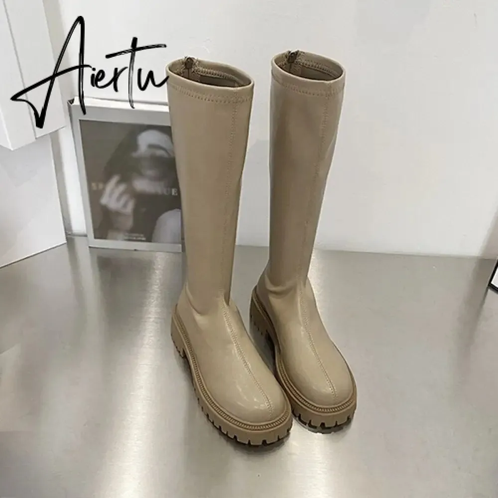 Aiertu Women's Knee High Boots Soft Leather Zipper Ladies Shoes Winter Long Boots Platform Footwear Woman Fashion Warm Boots