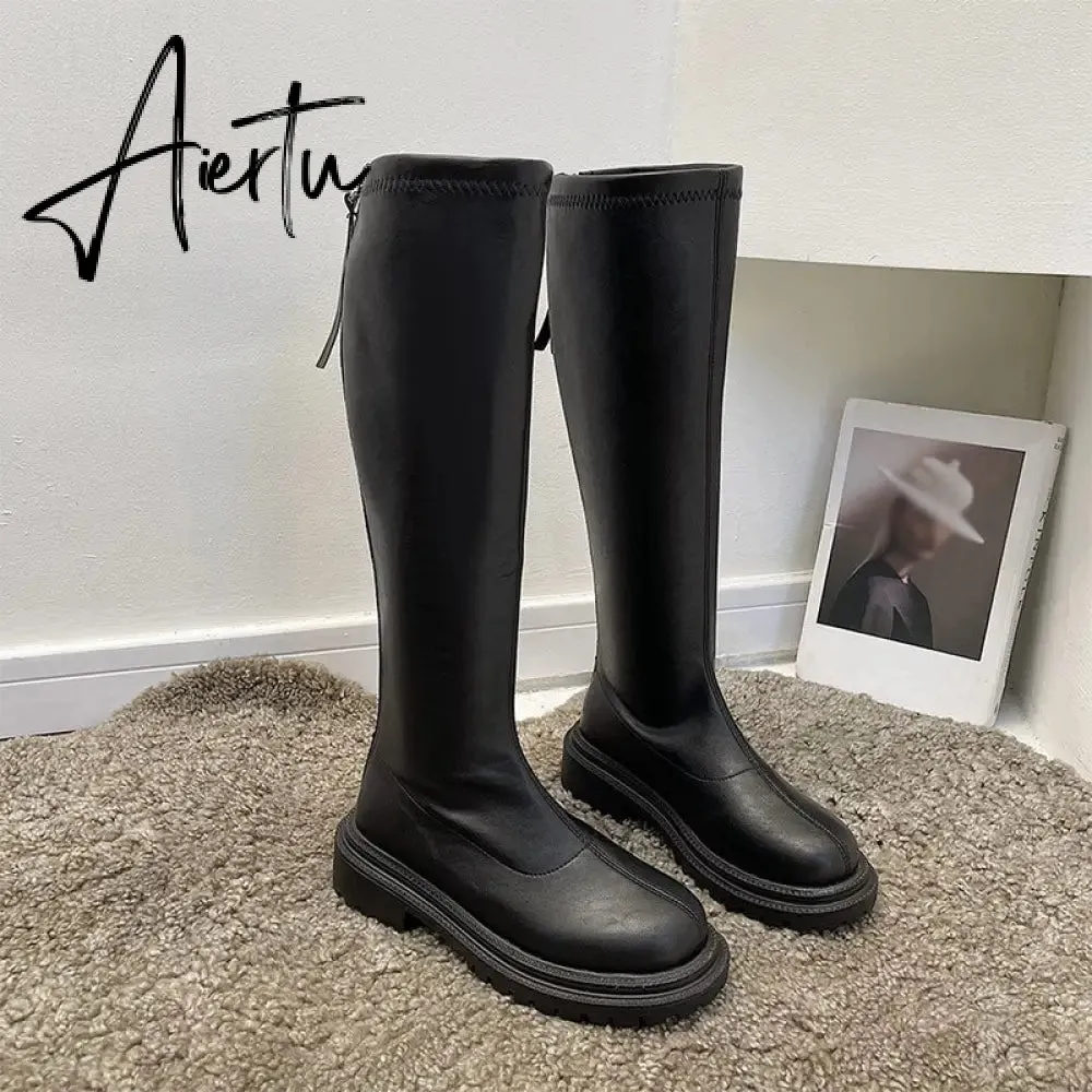 Aiertu Women's Knee High Boots Soft Leather Zipper Ladies Shoes Winter Long Boots Platform Footwear Woman Fashion Warm Boots