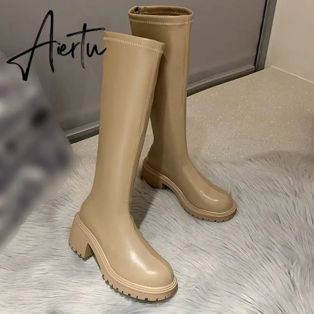 Aiertu Women's Knee High Boots Soft Leather Zipper Ladies Shoes Winter Long Boots Platform Footwear Woman Fashion Warm Boots