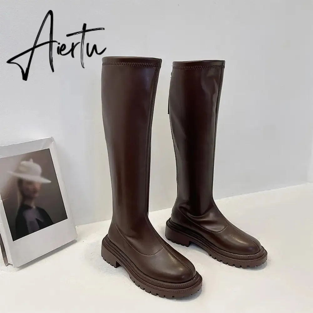 Aiertu Women's Knee High Boots Soft Leather Zipper Ladies Shoes Winter Long Boots Platform Footwear Woman Fashion Warm Boots