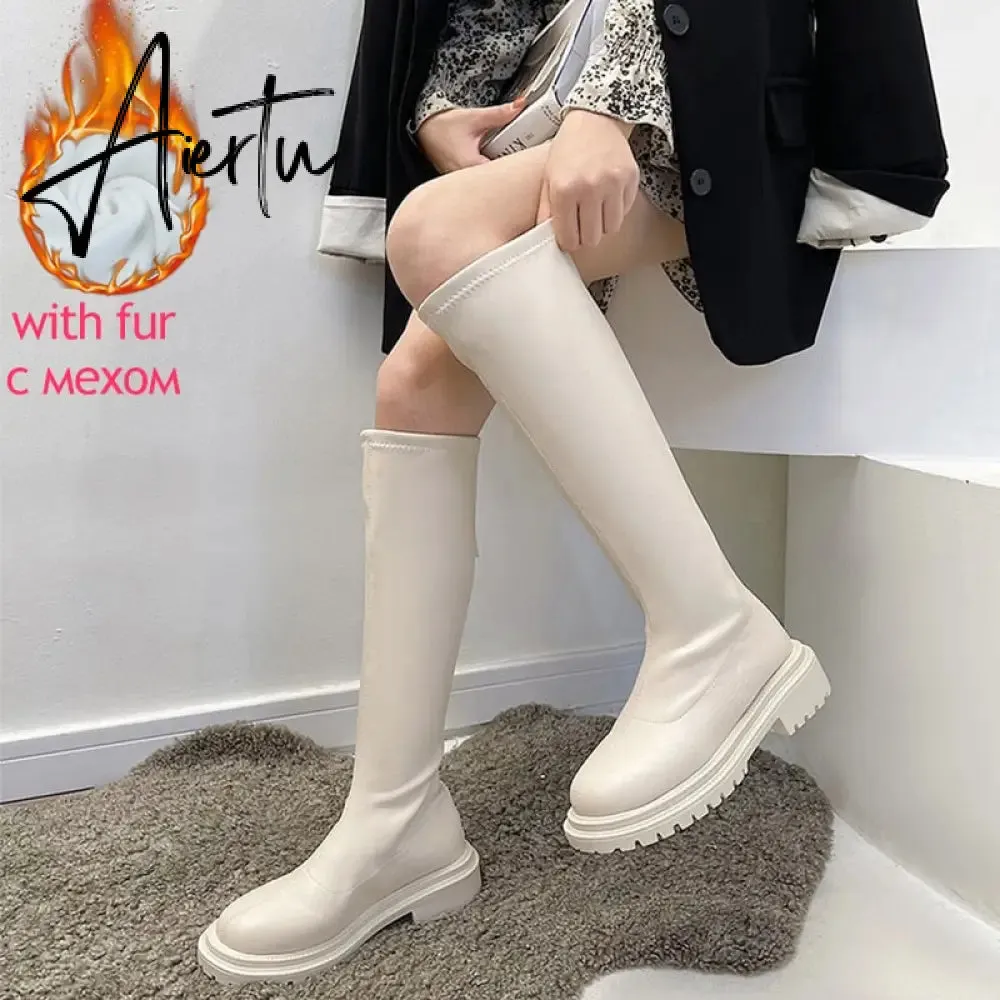 Aiertu Women's Knee High Boots Soft Leather Zipper Ladies Shoes Winter Long Boots Platform Footwear Woman Fashion Warm Boots