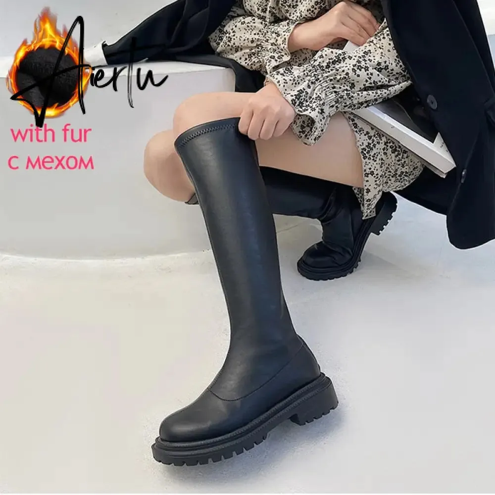 Aiertu Women's Knee High Boots Soft Leather Zipper Ladies Shoes Winter Long Boots Platform Footwear Woman Fashion Warm Boots