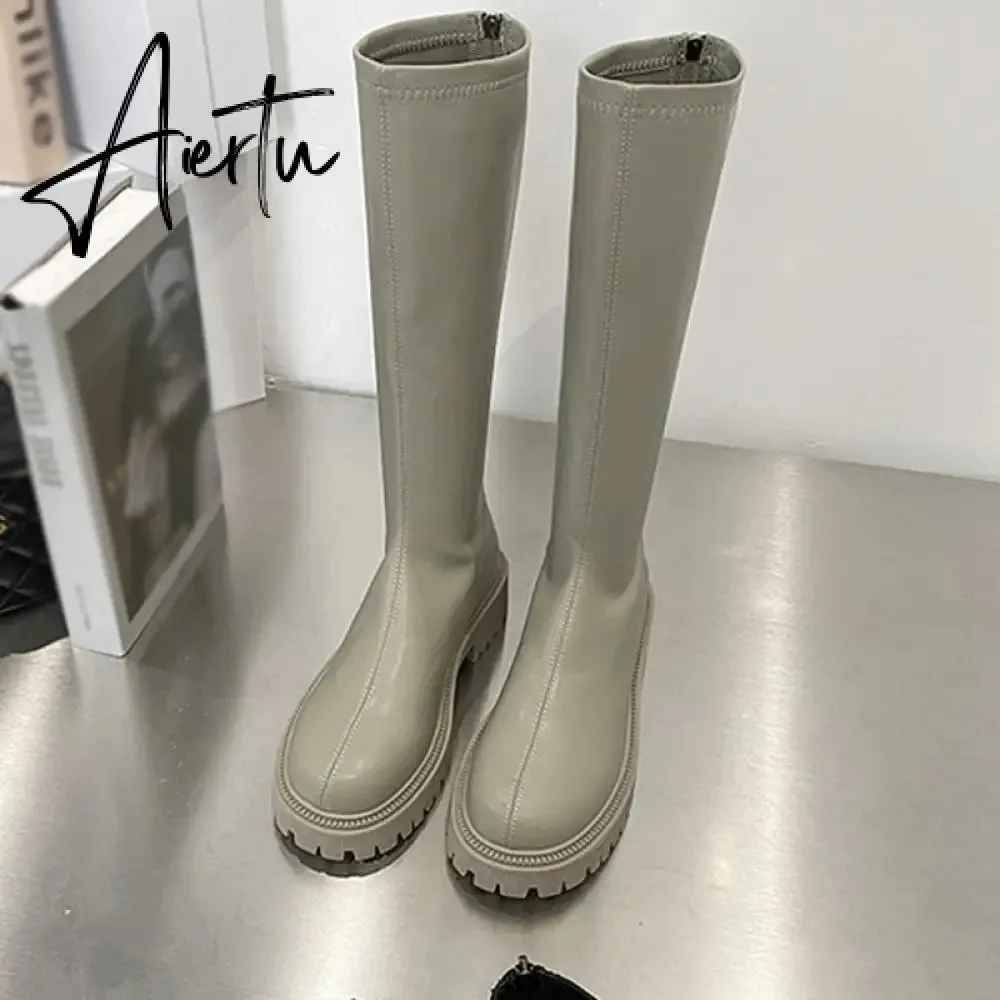 Aiertu Women's Knee High Boots Soft Leather Zipper Ladies Shoes Winter Long Boots Platform Footwear Woman Fashion Warm Boots