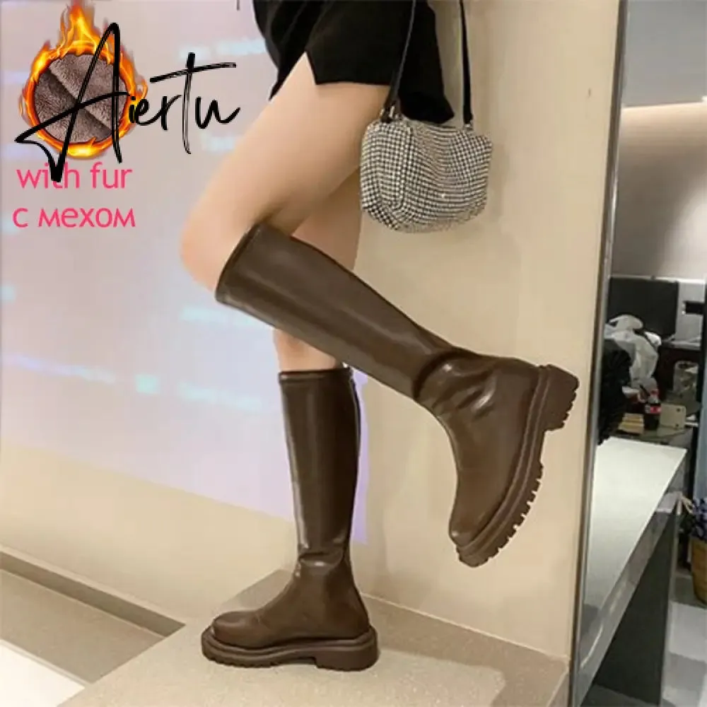 Aiertu Women's Knee High Boots Soft Leather Zipper Ladies Shoes Winter Long Boots Platform Footwear Woman Fashion Warm Boots