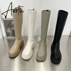 Aiertu Women's Knee High Boots Soft Leather Zipper Ladies Shoes Winter Long Boots Platform Footwear Woman Fashion Warm Boots