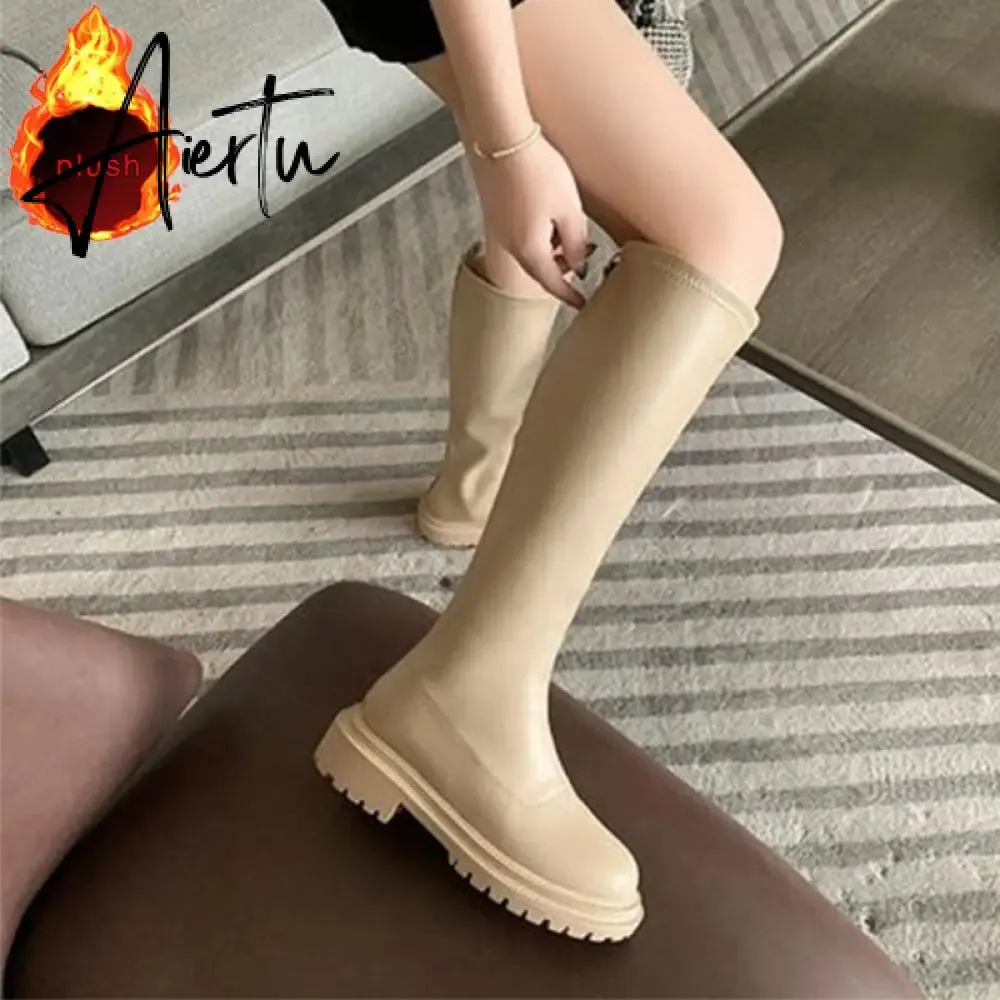 Aiertu Women's Knee High Boots Soft Leather Zipper Ladies Shoes Winter Long Boots Platform Footwear Woman Fashion Warm Boots