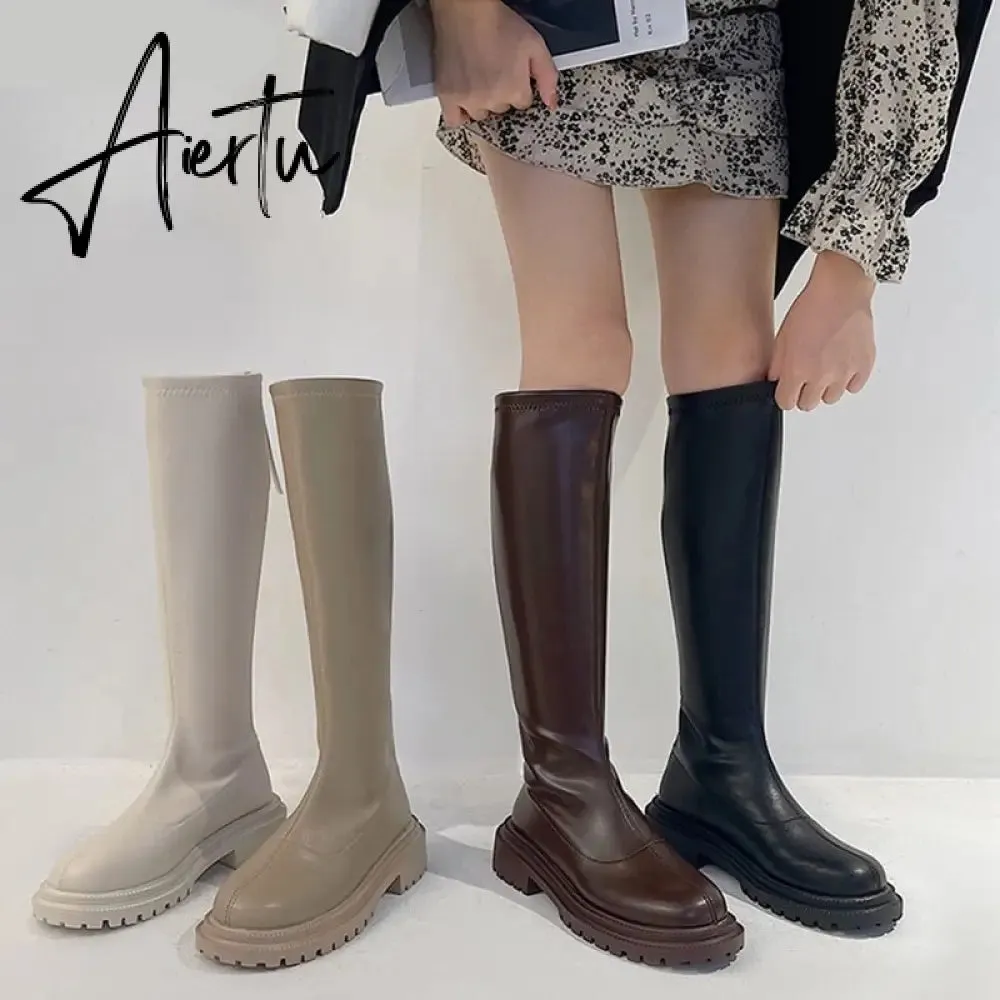 Aiertu Women's Knee High Boots Soft Leather Zipper Ladies Shoes Winter Long Boots Platform Footwear Woman Fashion Warm Boots