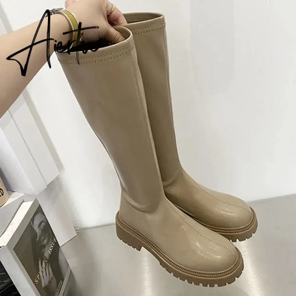 Aiertu Women's Knee High Boots Soft Leather Zipper Ladies Shoes Winter Long Boots Platform Footwear Woman Fashion Warm Boots