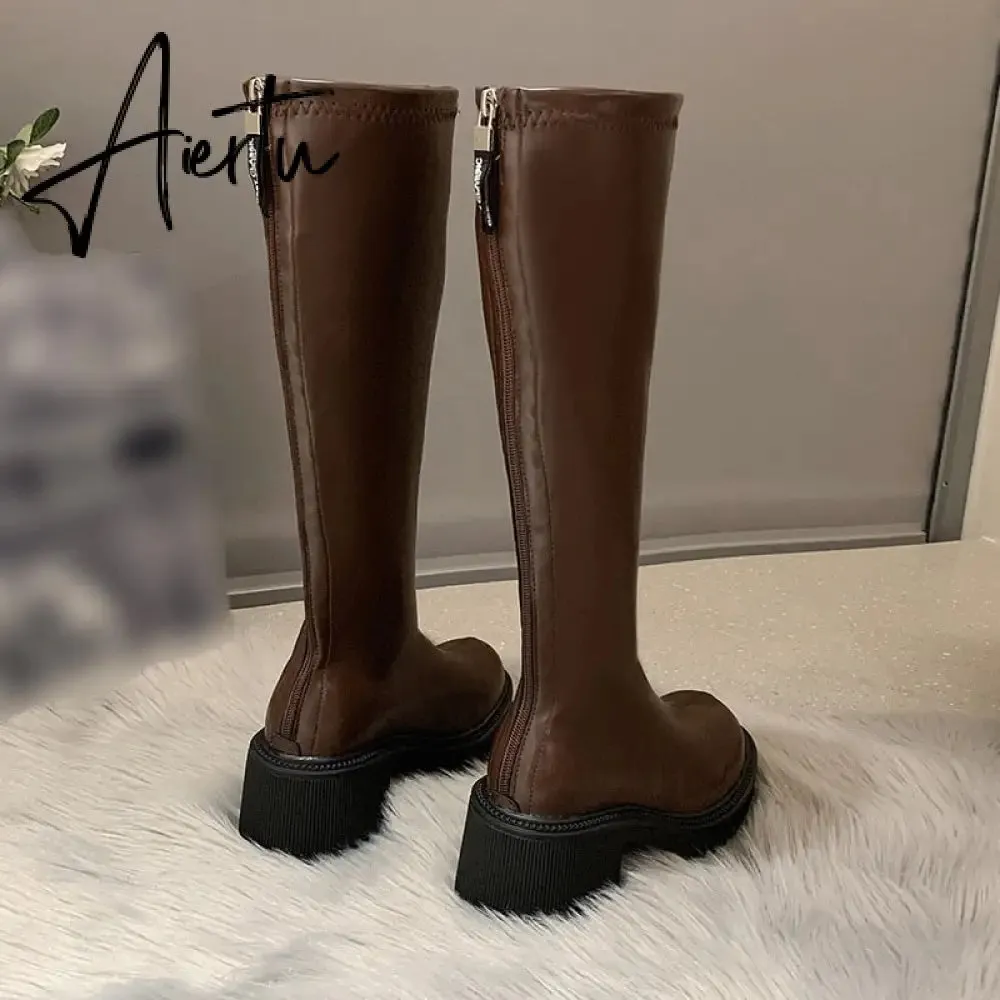 Aiertu Women's Knee High Boots Soft Leather Zipper Ladies Shoes Winter Long Boots Platform Footwear Woman Fashion Warm Boots