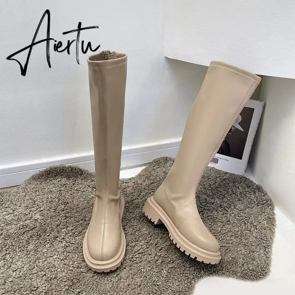 Aiertu Women's Knee High Boots Soft Leather Zipper Ladies Shoes Winter Long Boots Platform Footwear Woman Fashion Warm Boots