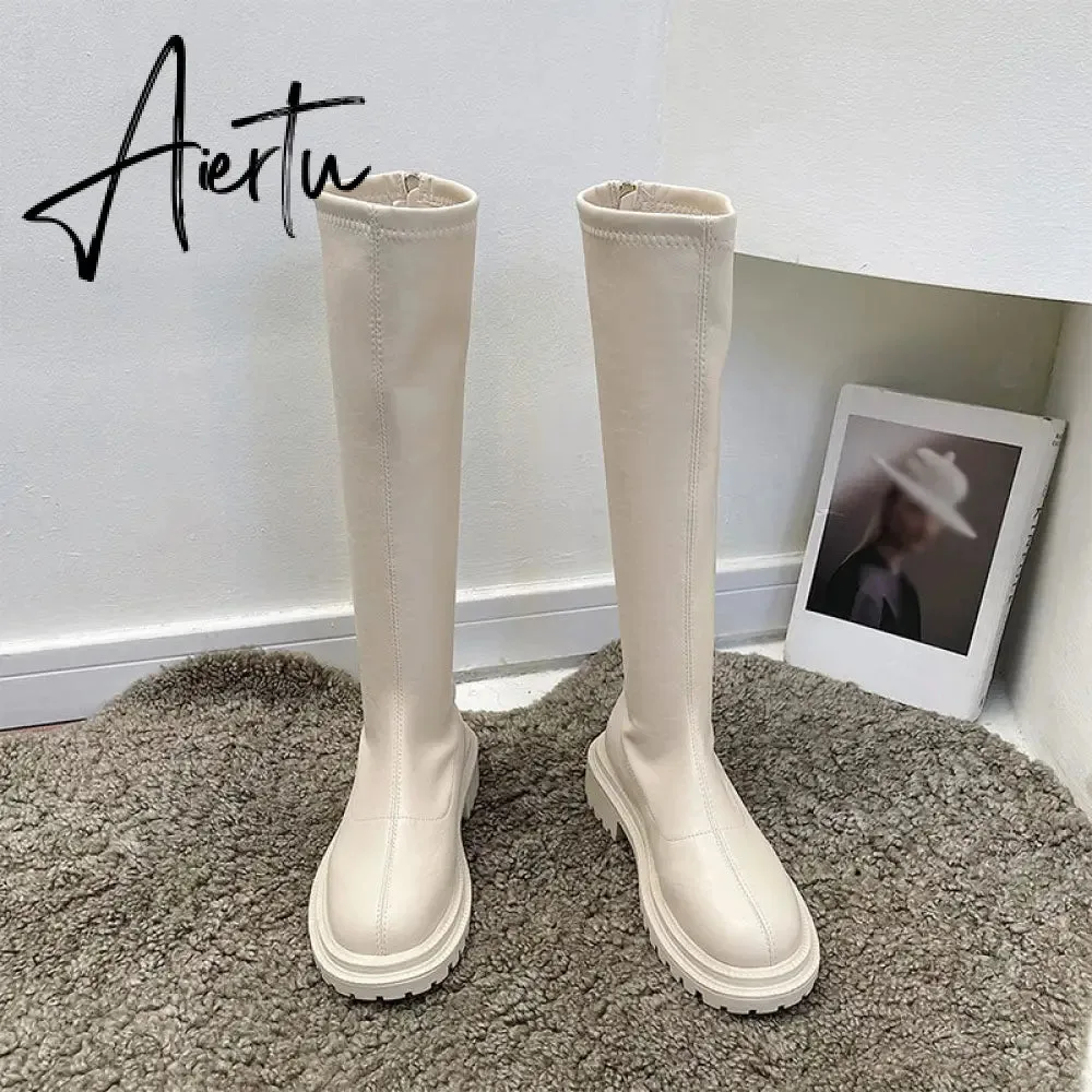 Aiertu Women's Knee High Boots Soft Leather Zipper Ladies Shoes Winter Long Boots Platform Footwear Woman Fashion Warm Boots