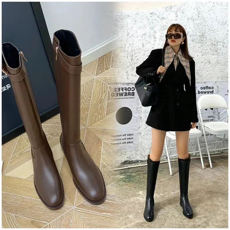 Amozae-Ladies Knight Boots Classic Warm Boots Side Zipper Round-toe Thick Heel Slim Knee Boots  Autumn Winter  Women Botas