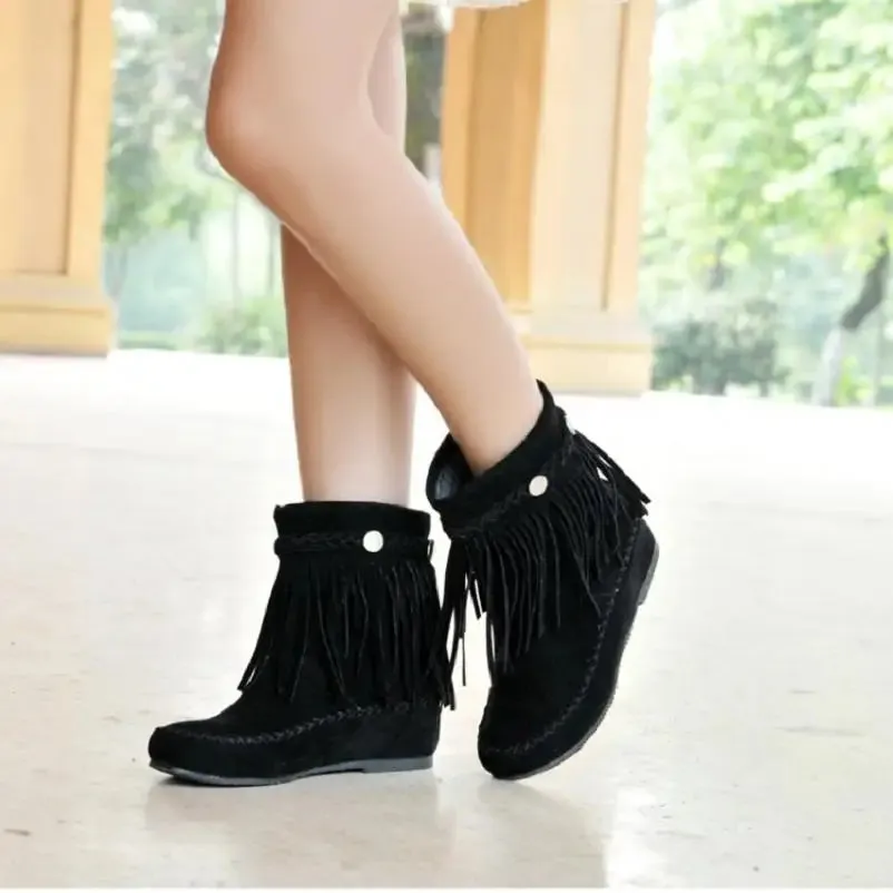 Ashore Shop boho ethnic national women tassel fringe Faux suede leather ankle boots