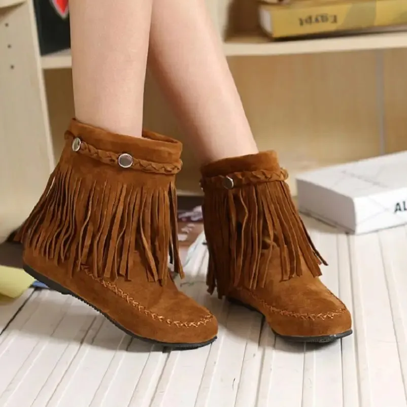 Ashore Shop boho ethnic national women tassel fringe Faux suede leather ankle boots