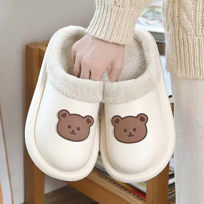 Bear Slippers With Plush Winter Furry Slippers Warm Indoor House Shoes For Women