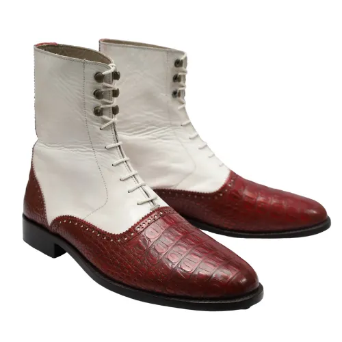 Bespoke Handmade Boots, Goodyear Premium Quality Burgundy Crocodile Texture Leather & White Leather Boots, Lace Up Boots Mens and Womens Boots