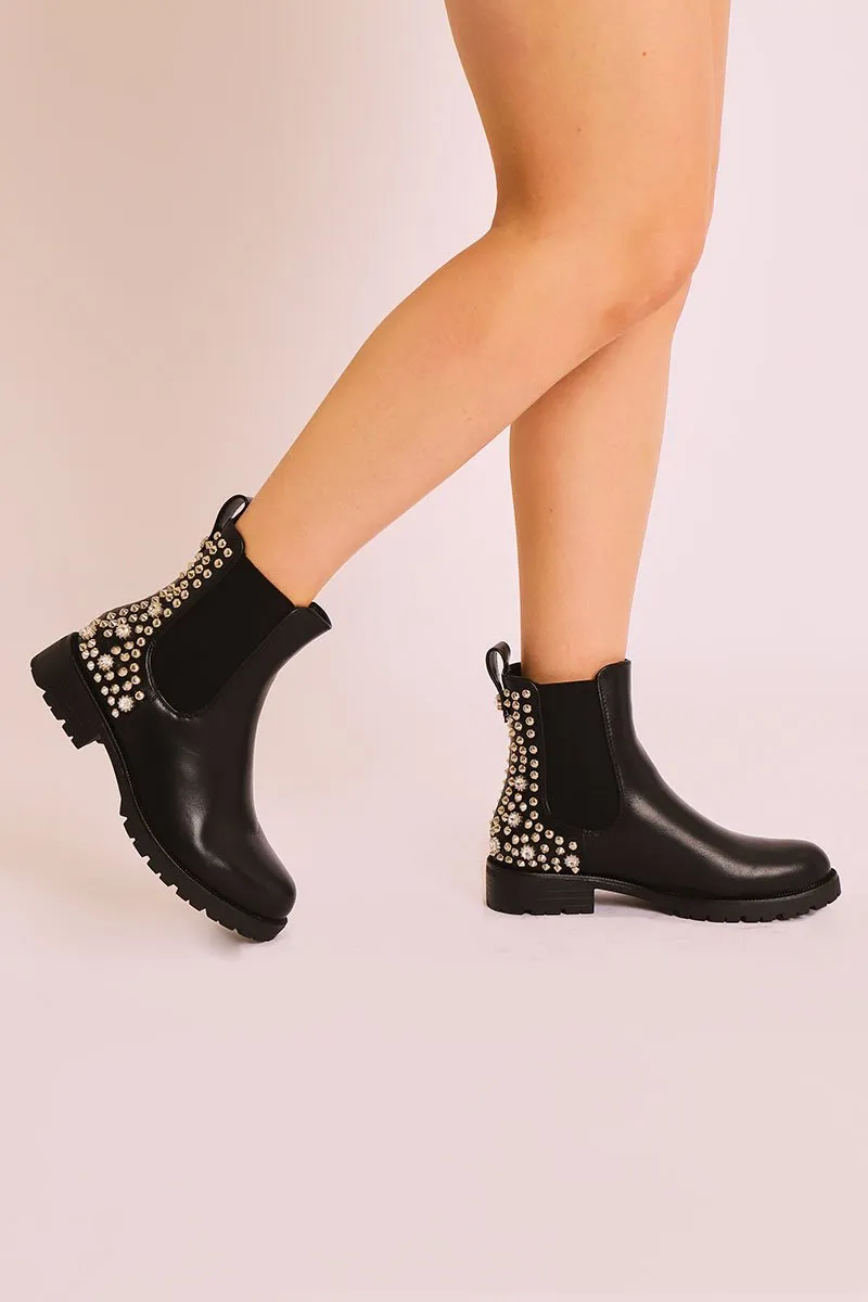 Black Faux Leather Silver Studded Chelsea Boots - Katelin