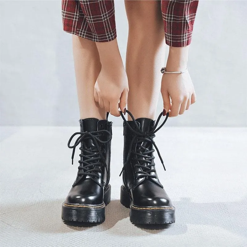 Black Leather Platform Lace Up Martin Boots