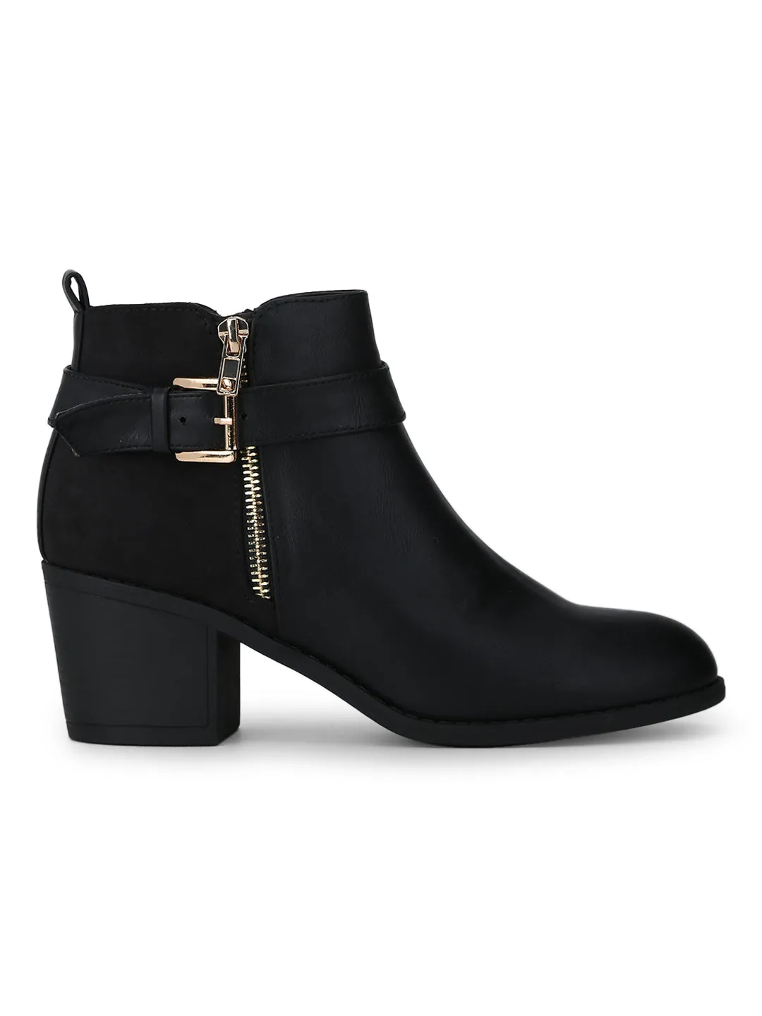 Black PU Side Zipper Buckled Low Block Heel Ankle Length Boots