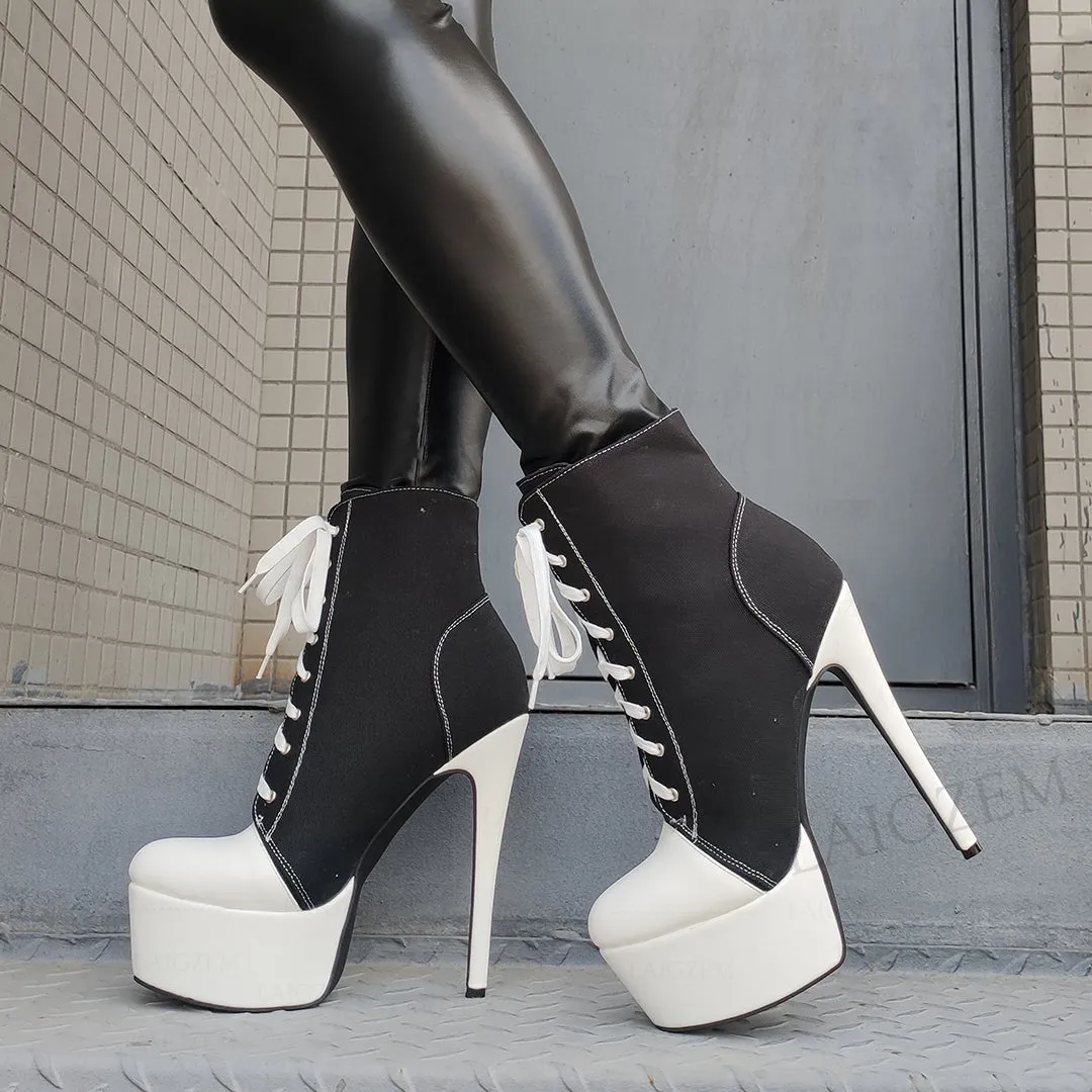 Booties Canvas Lace Up Heels