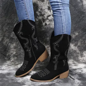 Boots - Cowboy fashion low heel women wide leather boots