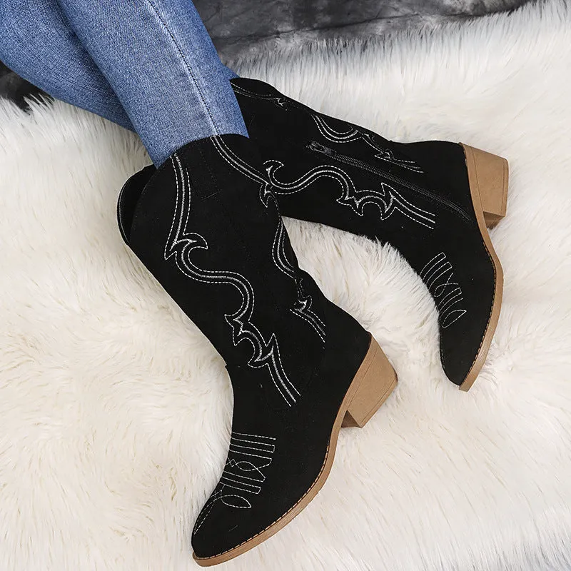 Boots - Cowboy fashion low heel women wide leather boots