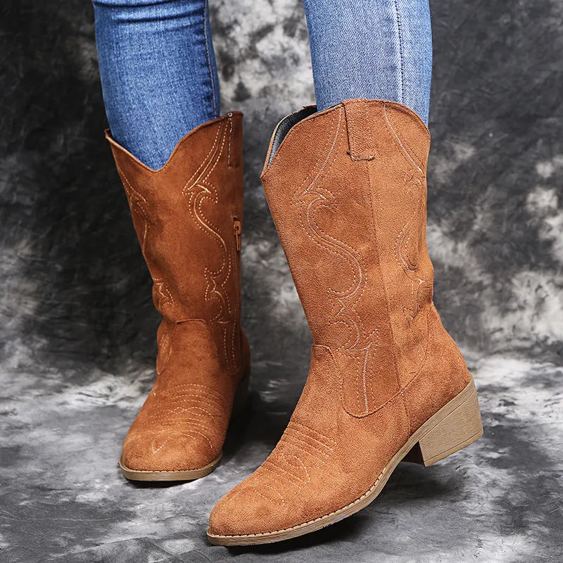 Boots - Cowboy fashion low heel women wide leather boots