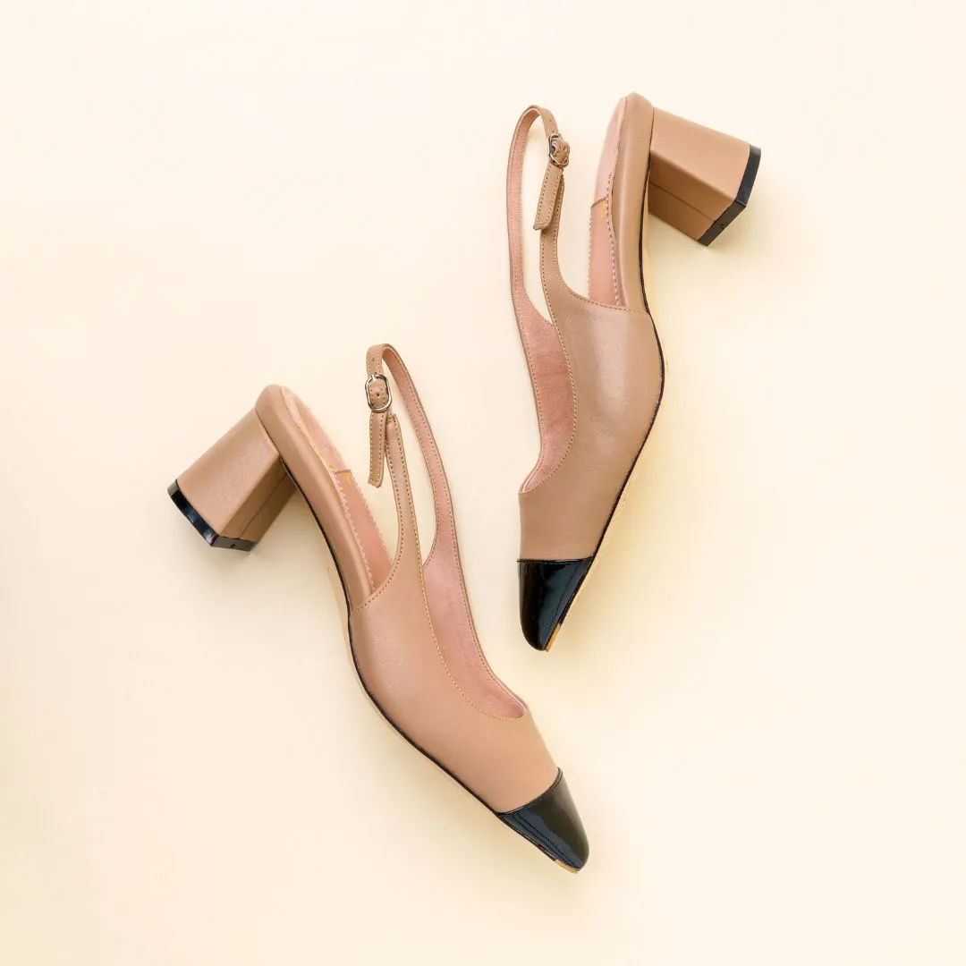 Bossy Beige Cap Toe Slingback Lower Block Heel