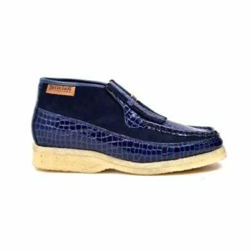 British Walkers Apollo Croc Men's Navy Blue Crocodile Leather and Suede Crepe Sole Boots