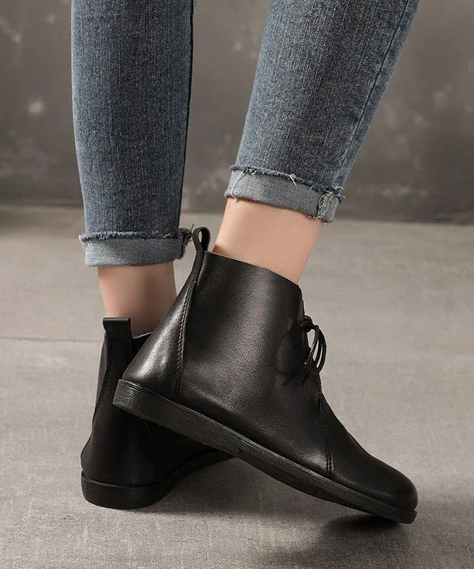 Casual Cross Strap Boots Black Cowhide Leather Ankle boots