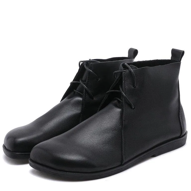 Casual Cross Strap Boots Black Cowhide Leather Ankle boots