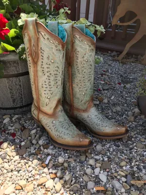 Corral Women's Turquoise Butterfly Inlay Snip Toe Cowgirl Boots A4234