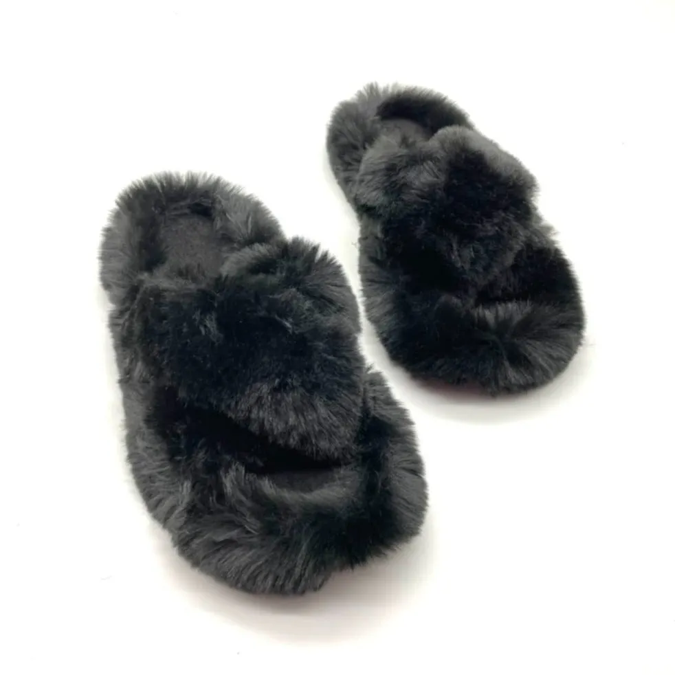 Crossover Fluffy Slippers in Black