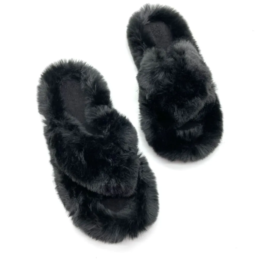 Crossover Fluffy Slippers in Black