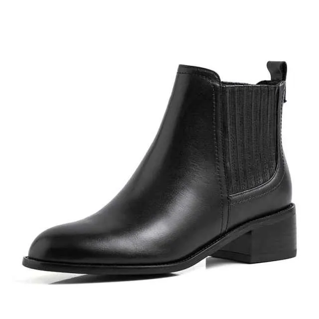 Cuarez Women's Round Toe Everyday Genuine Leather Chelsea Black Boots