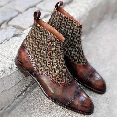 Custom Boot, Brown Leather, Fabric Button Ankle Dress Toe Cap Brogue Boots