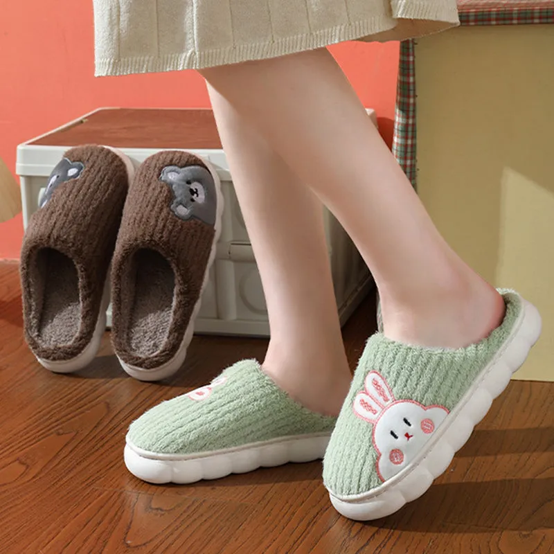 Cute Rabbit Striped Slippers For Women Thick-soled Indoor Couples Warm Winter Non-slip Home Slipper Plush Cotton Shoes