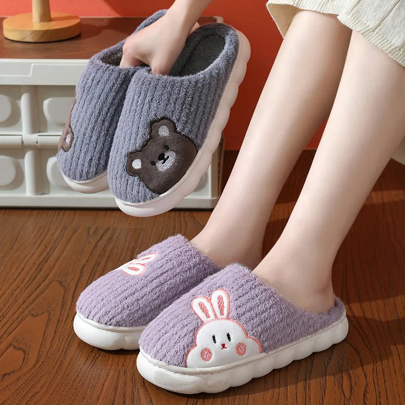 Cute Rabbit Striped Slippers For Women Thick-soled Indoor Couples Warm Winter Non-slip Home Slipper Plush Cotton Shoes