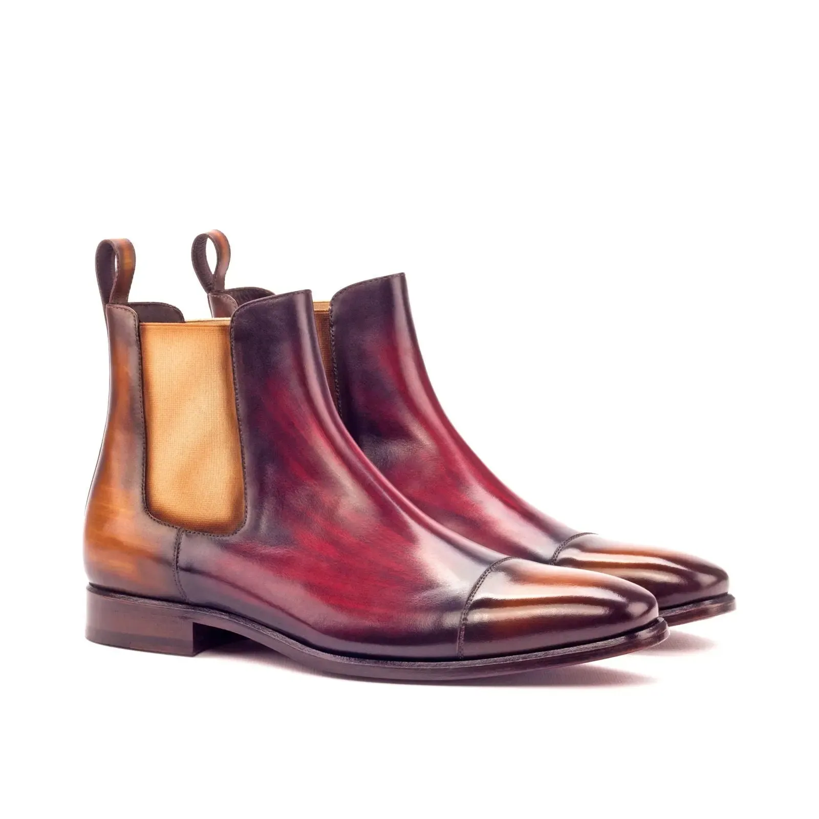 DapperFam Monza in Cognac / Burgundy Men's Hand-Painted Patina Chelsea Boot